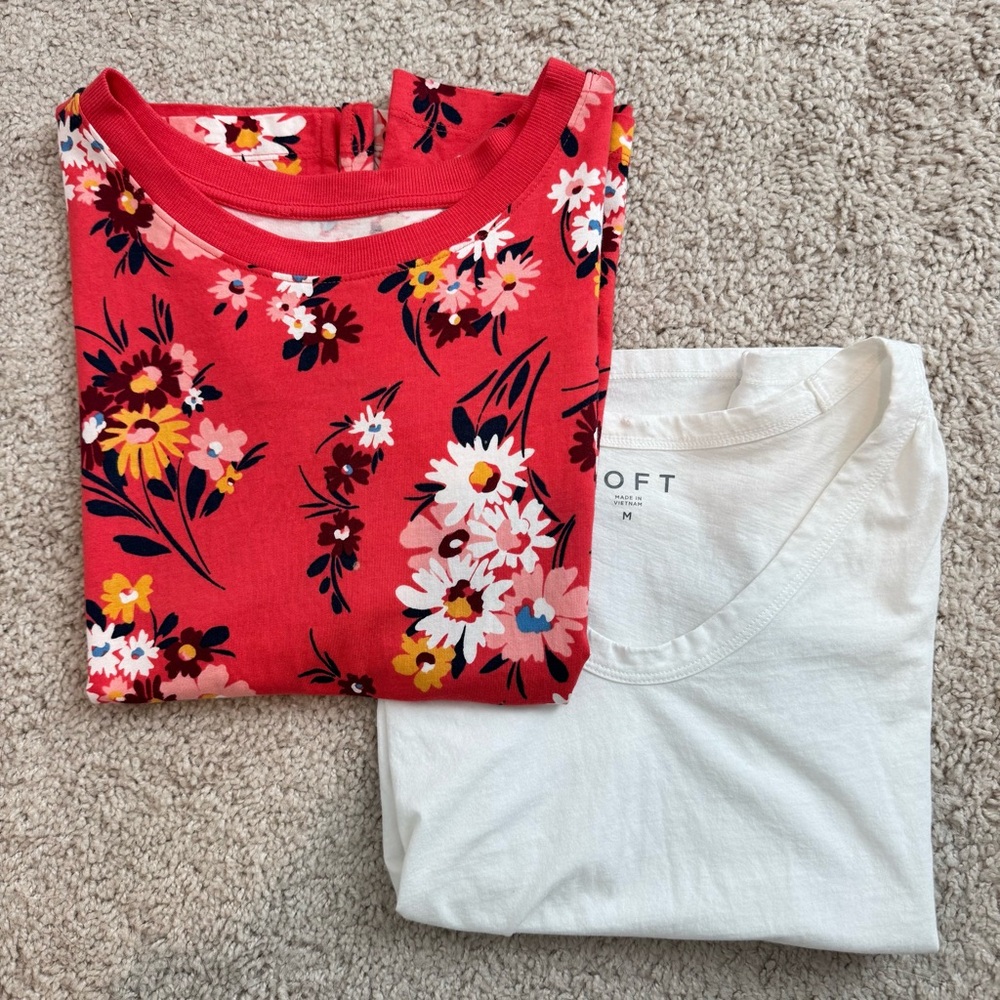 Loft Lot of 2 Sleeveless Spring Tops Basic White Shirt and Floral Print Top